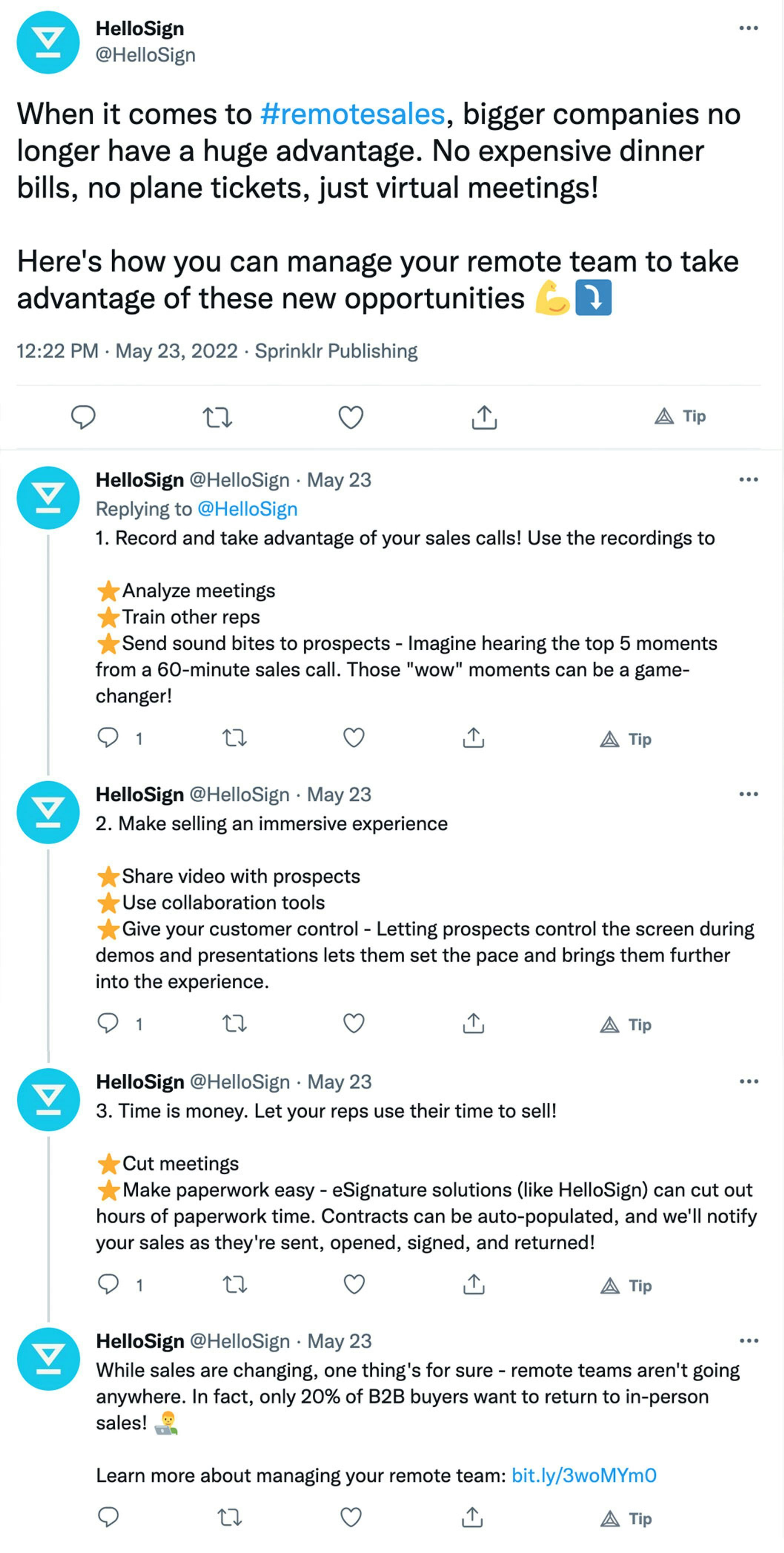 Tweet thread by HelloSign highlighting strategies for managing remote sales teams and leveraging virtual meetings over in-person interactions.