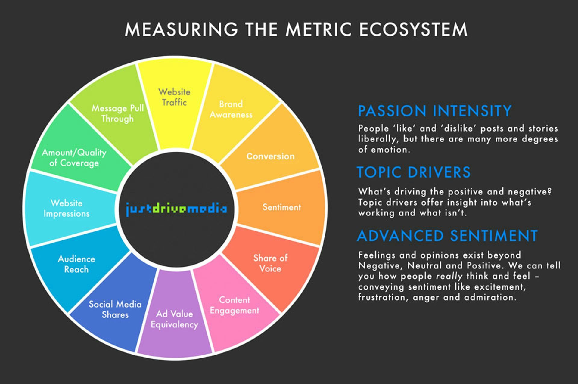 An infographic titled "Measuring the Metric Ecosystem" with segments for digital marketing metrics and explanations of sentiment analysis.