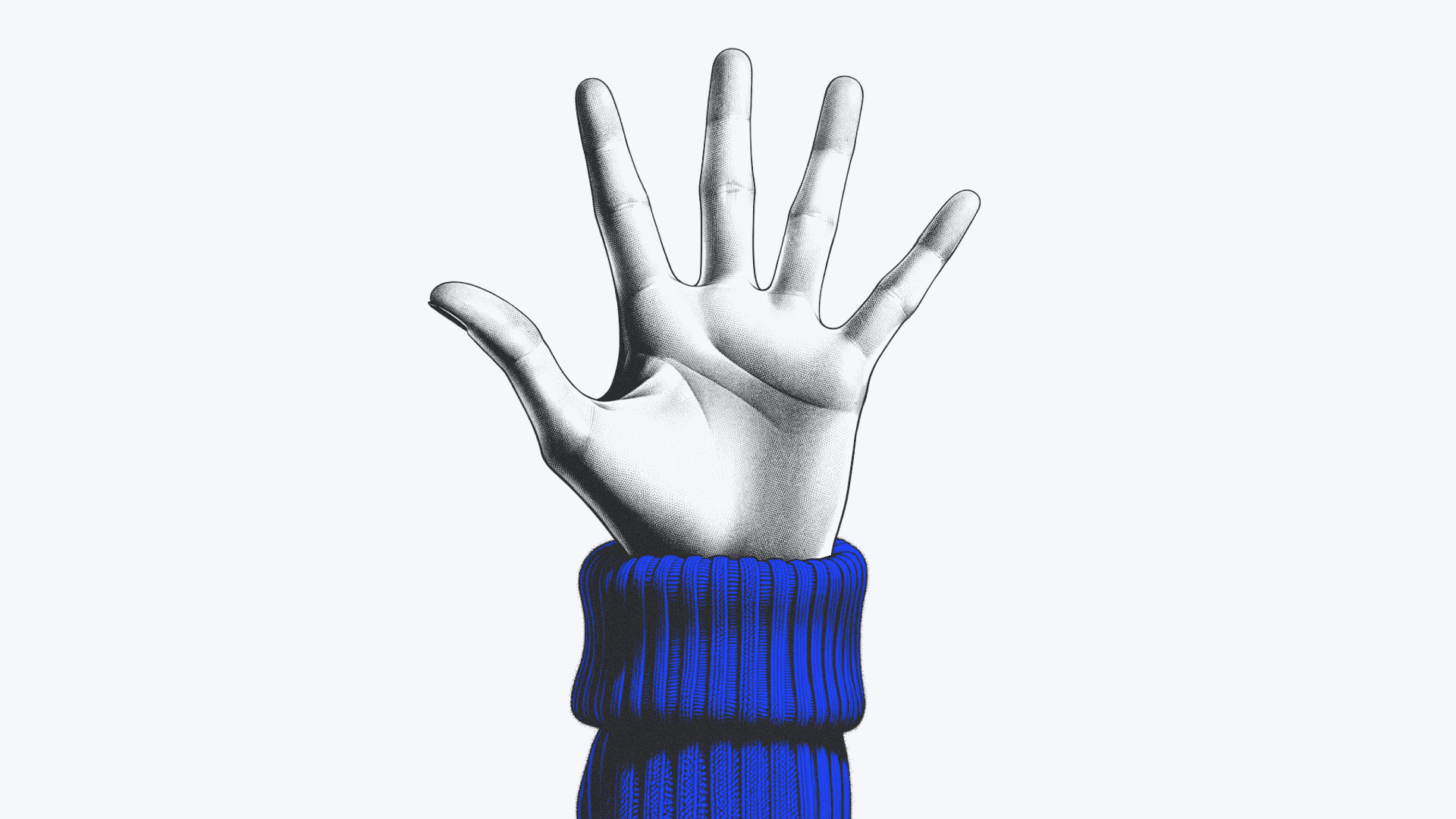 A stylized illustration of an open hand extending from a blue sweater sleeve against a white background.