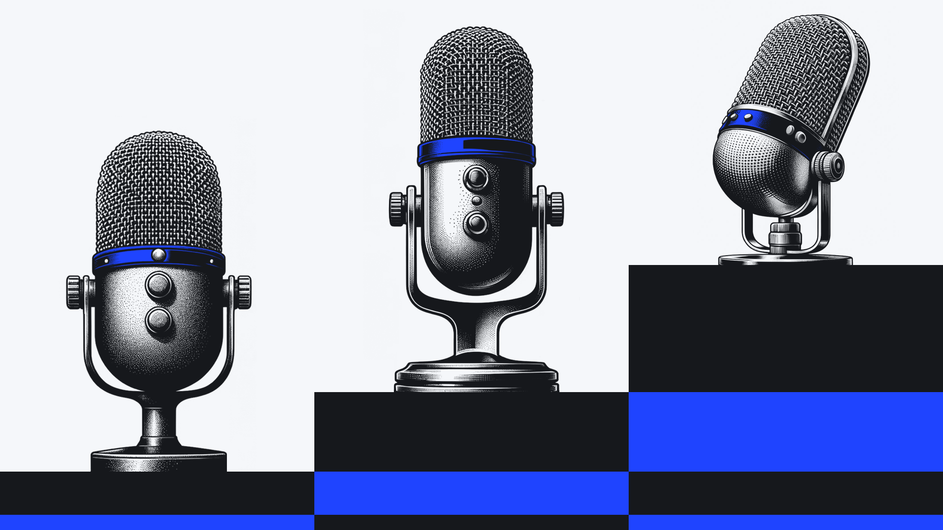 Three vintage microphones against a black and white background with blue stripes.