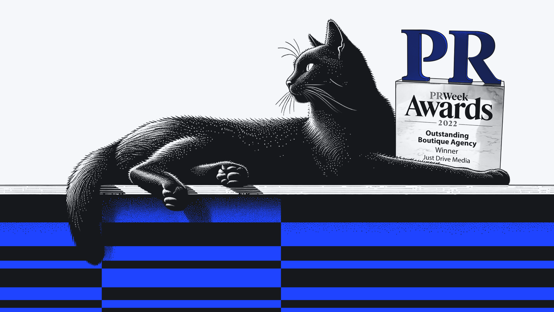 A stylized black cat reclines next to a PRWeek Award for Outstanding Boutique Agency.