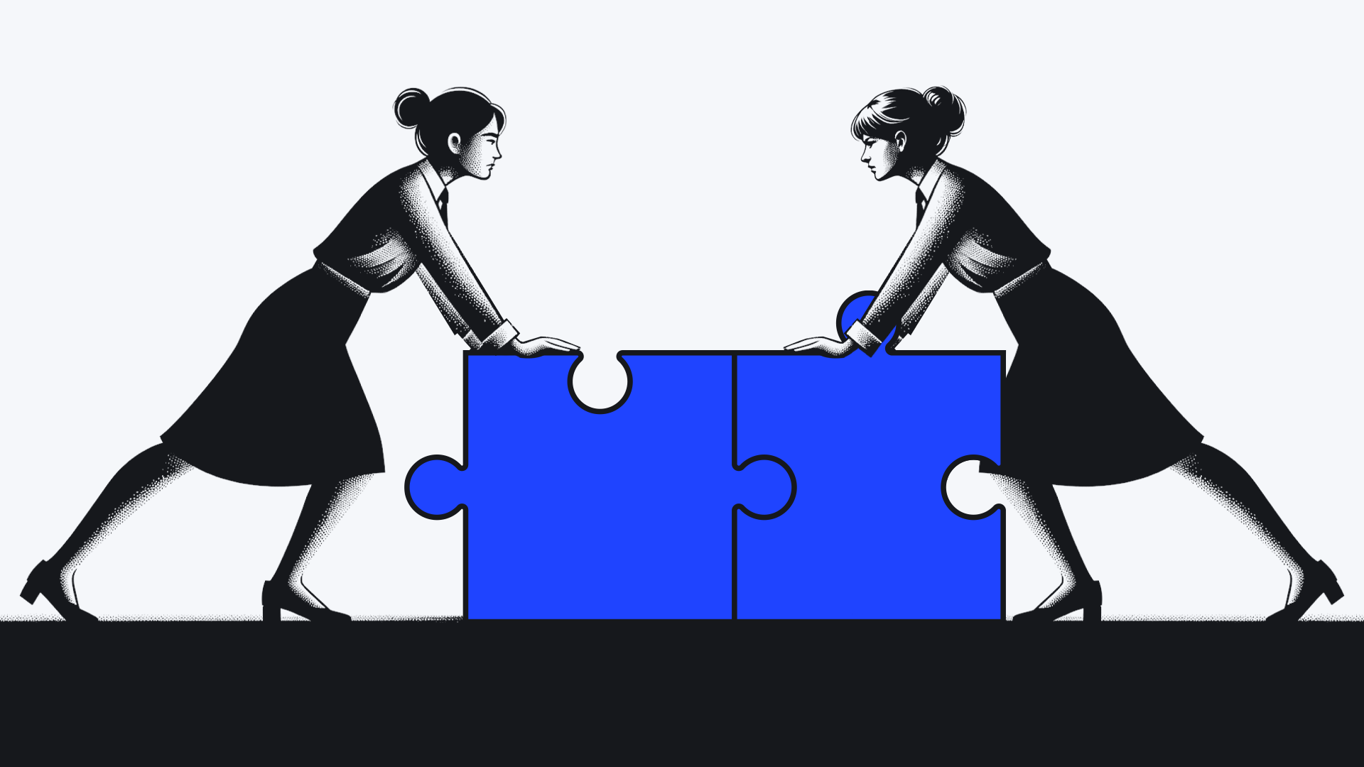 Two stylized women push together large puzzle pieces on a monochrome background. #Collaboration #ProblemSolving #Art