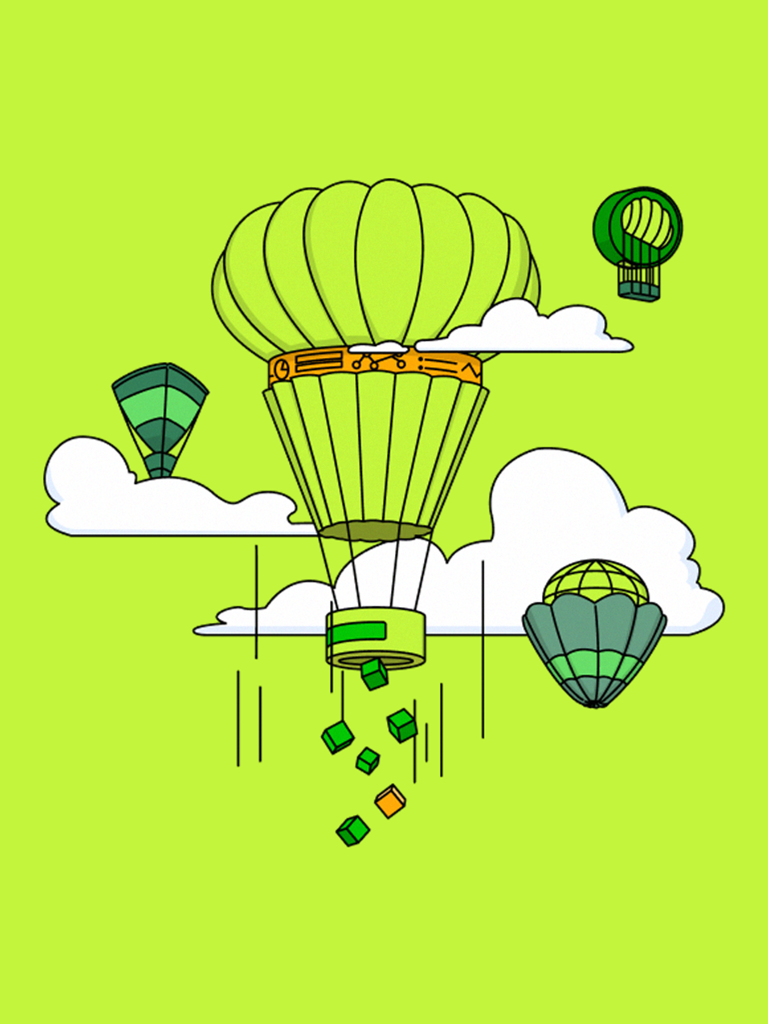 Stylized hot air balloons with one dropping colorful shapes, against a green background with clouds.