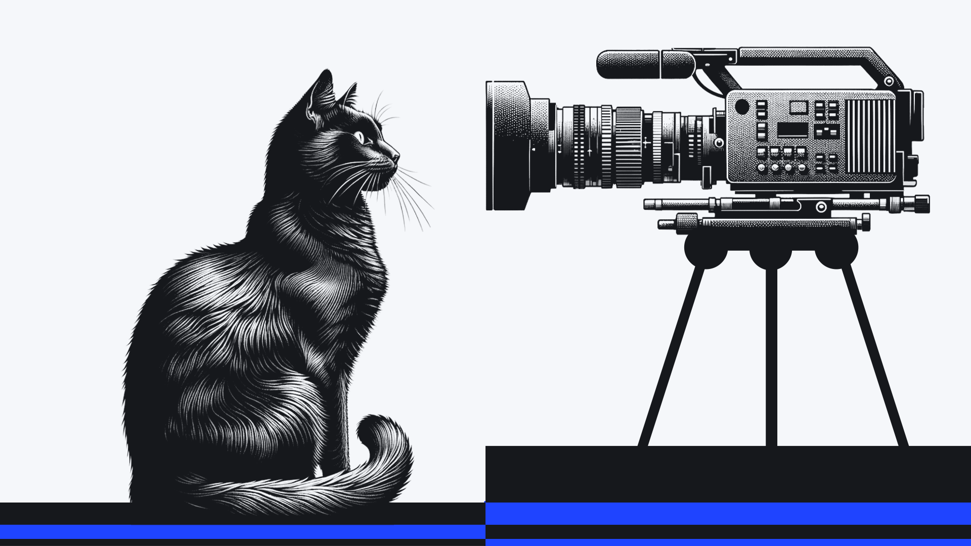 A stylized black and white image of a cat facing a video camera, both poised and facing left, on a striped background.