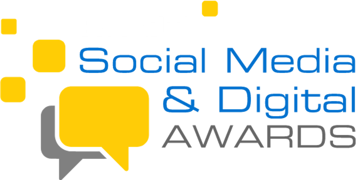 Logo of "Social Media & Digital Awards" with speech bubbles and pixel elements in blue and yellow.