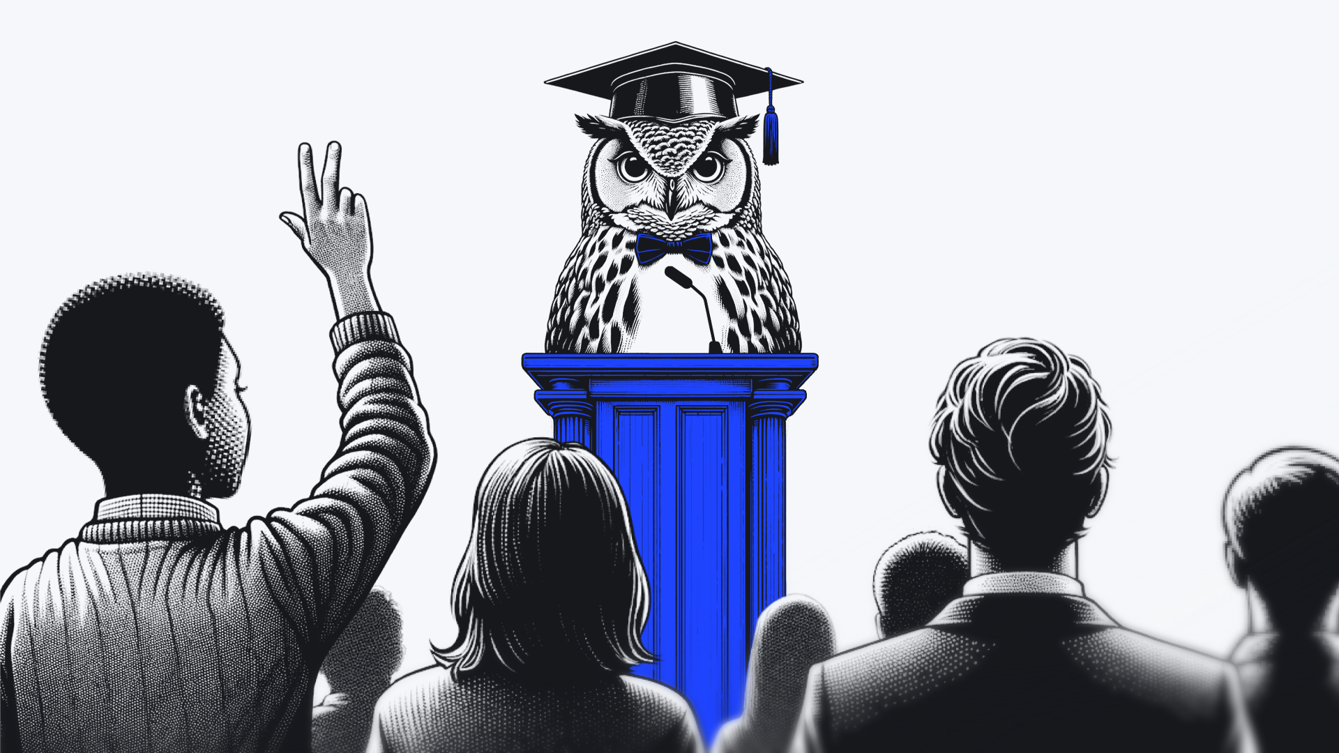An owl wearing a graduation cap lectures students, one of whom raises a hand to ask a question.
