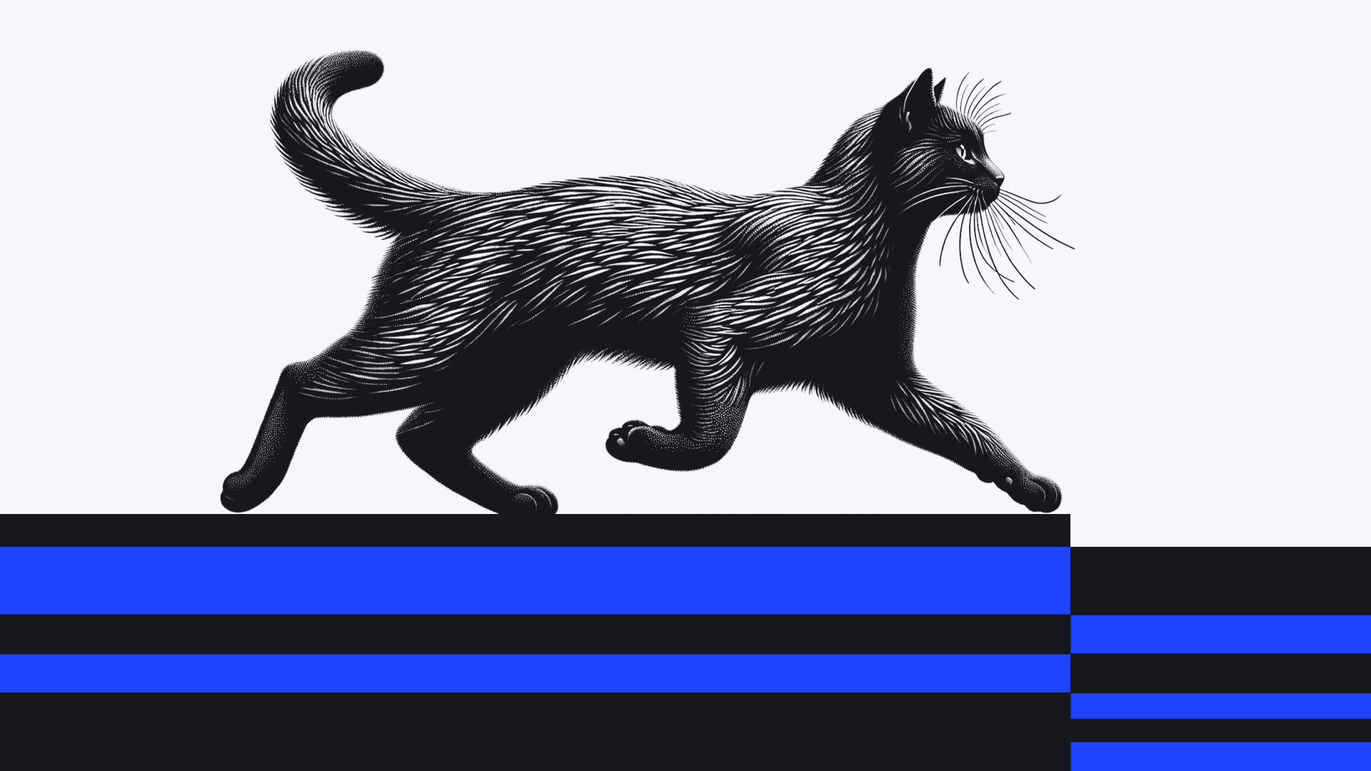A stylized black cat against a striped blue background seems to distort reality as its body transitions into horizontal lines.