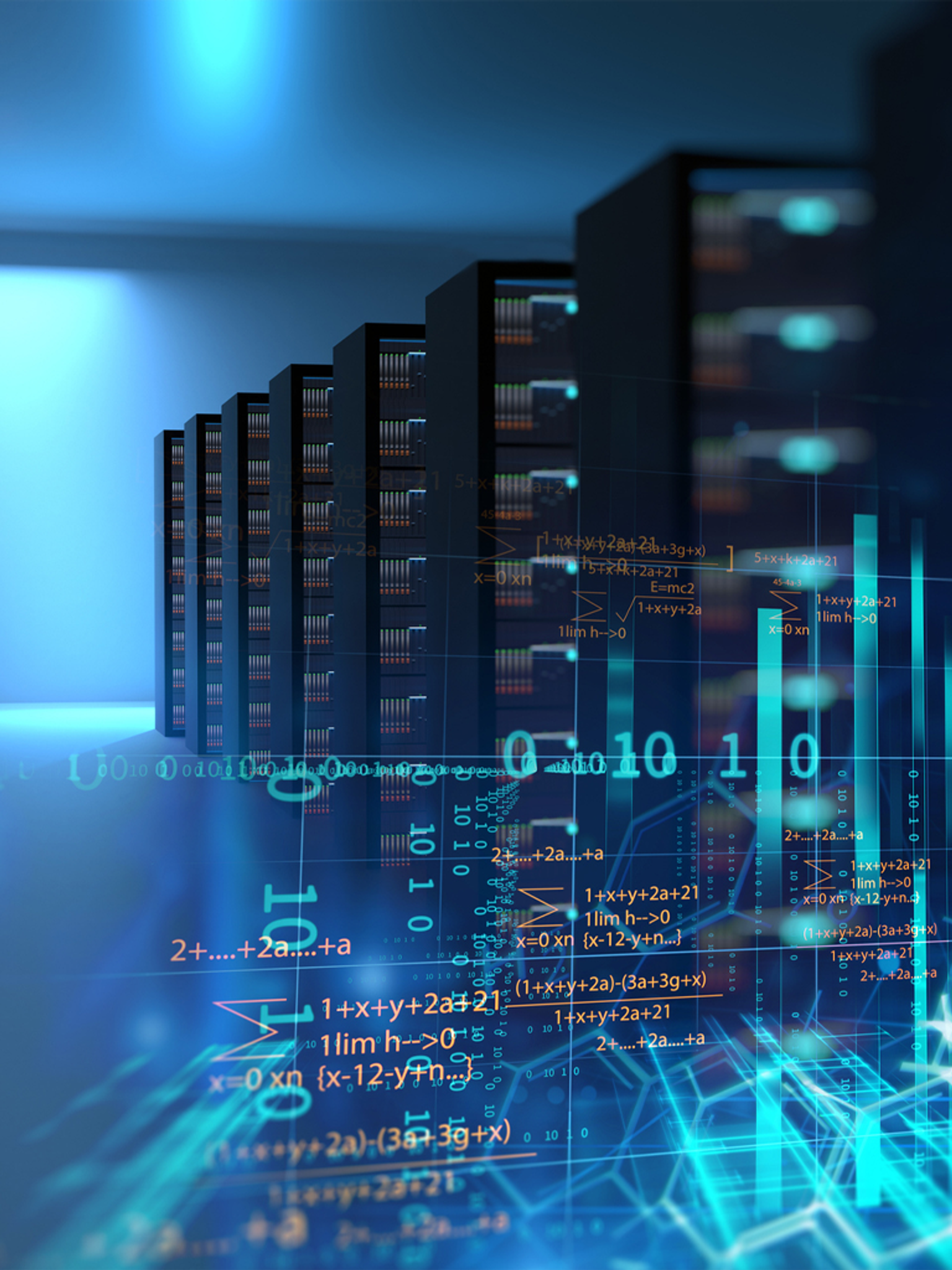 A digital illustration of server racks with floating mathematical and binary code overlay in a blue-lit data center room.