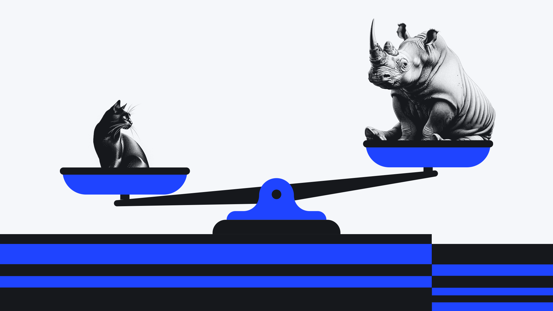 A cat and rhino are on opposite ends of a stylized seesaw, symbolizing a weight comparison.