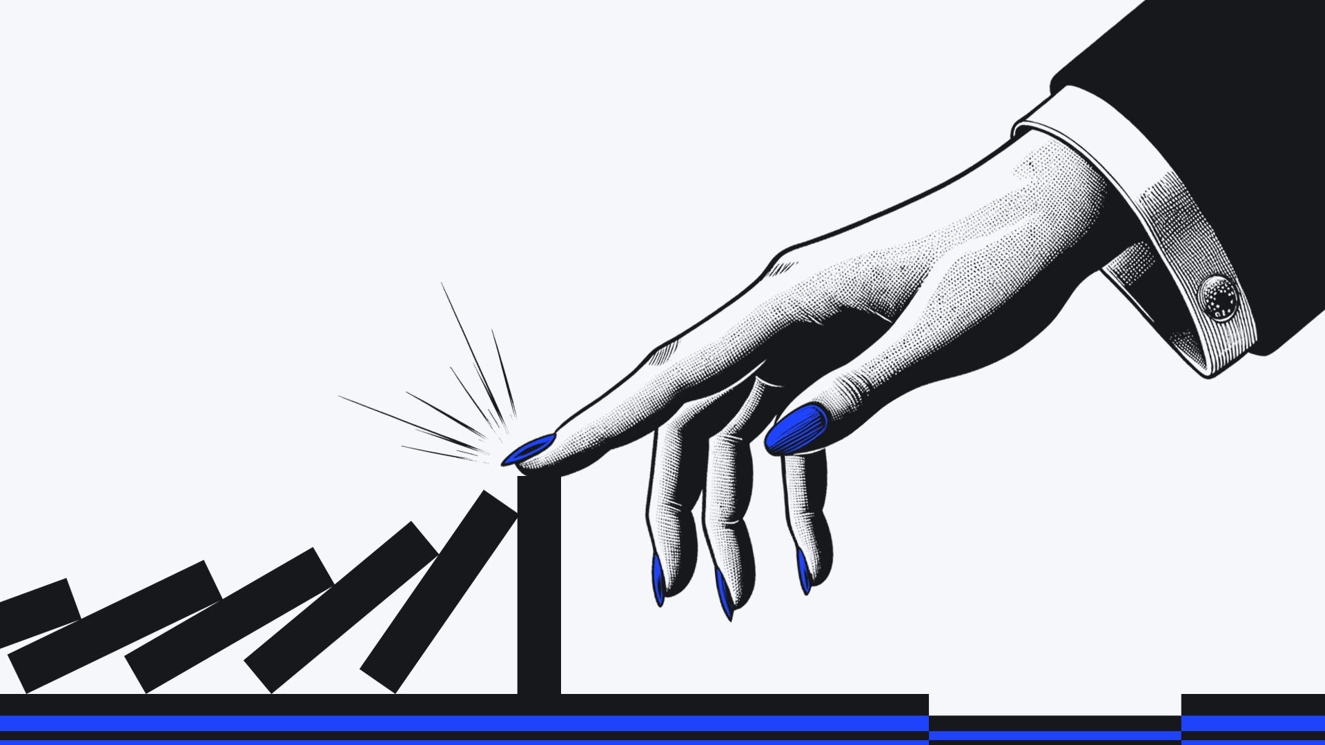 A stylized black and white image of a hand with blue nails stopping the last domino in a series.