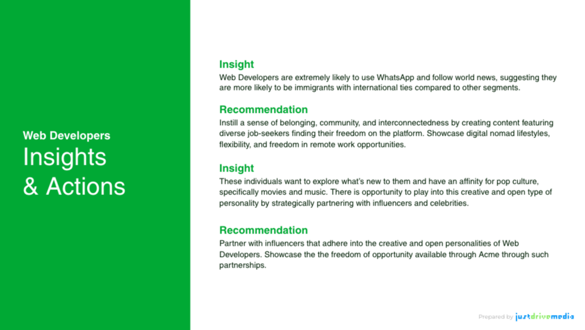A slide titled "Web Developers Insights & Actions" detailing their preferences and recommending marketing strategies.
