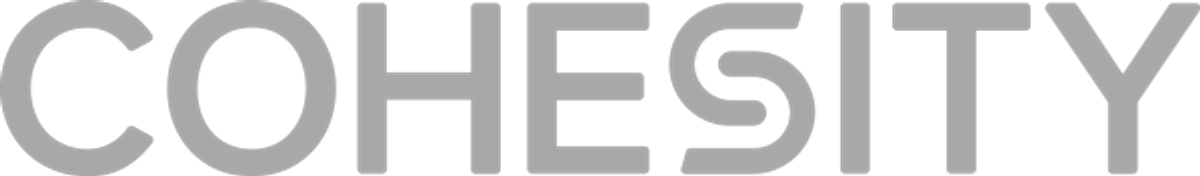 Black and white logo with the word "COHESITY" in capital letters, with two adjacent circles on the left side.