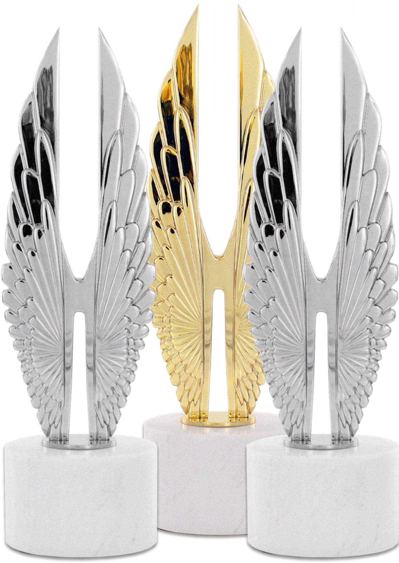 Three wing-shaped trophies, with the central one gold and the others silver, on marble bases.