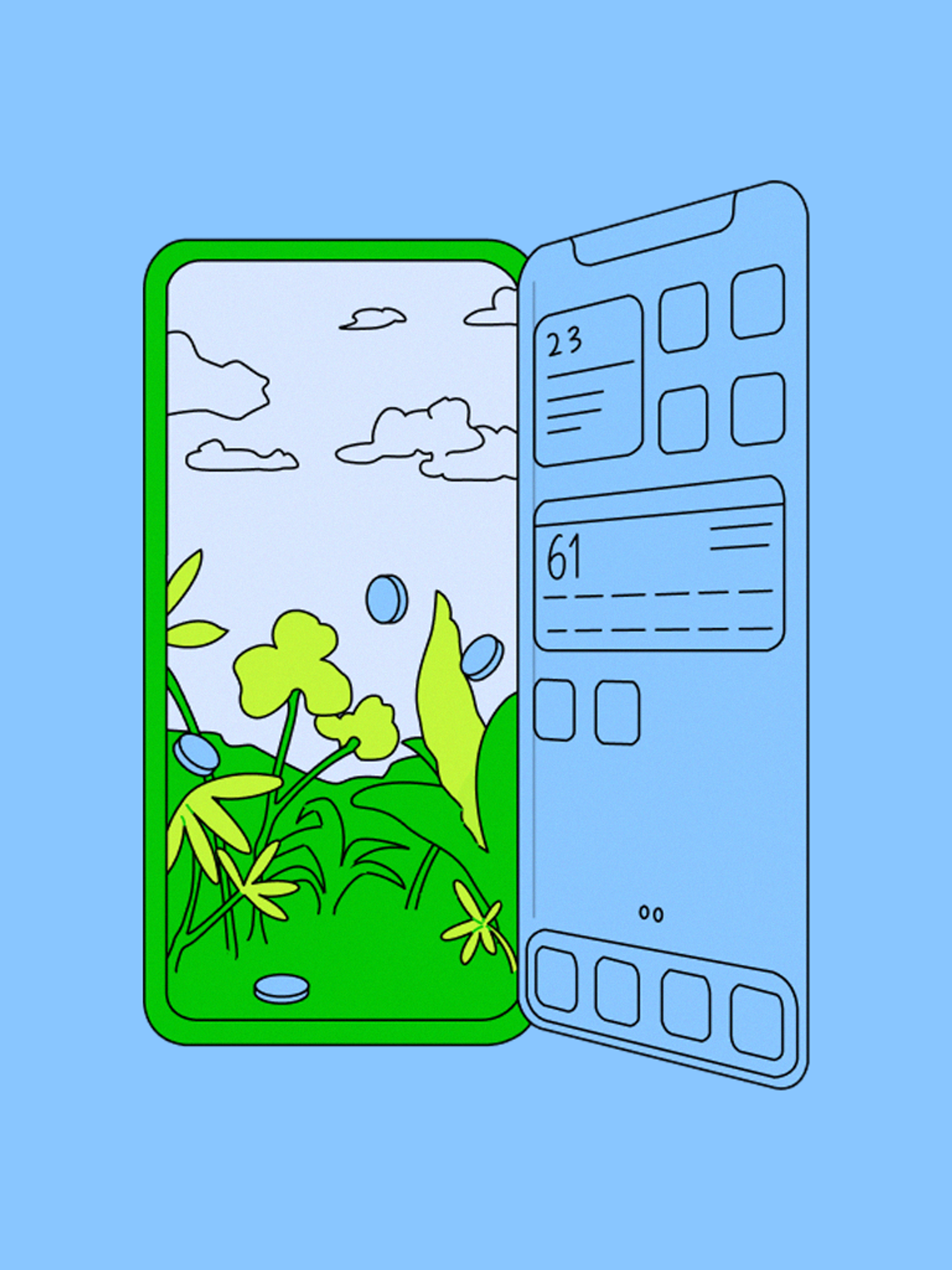 Illustration of two smartphones: one displays a nature scene, the other shows a user interface with apps.