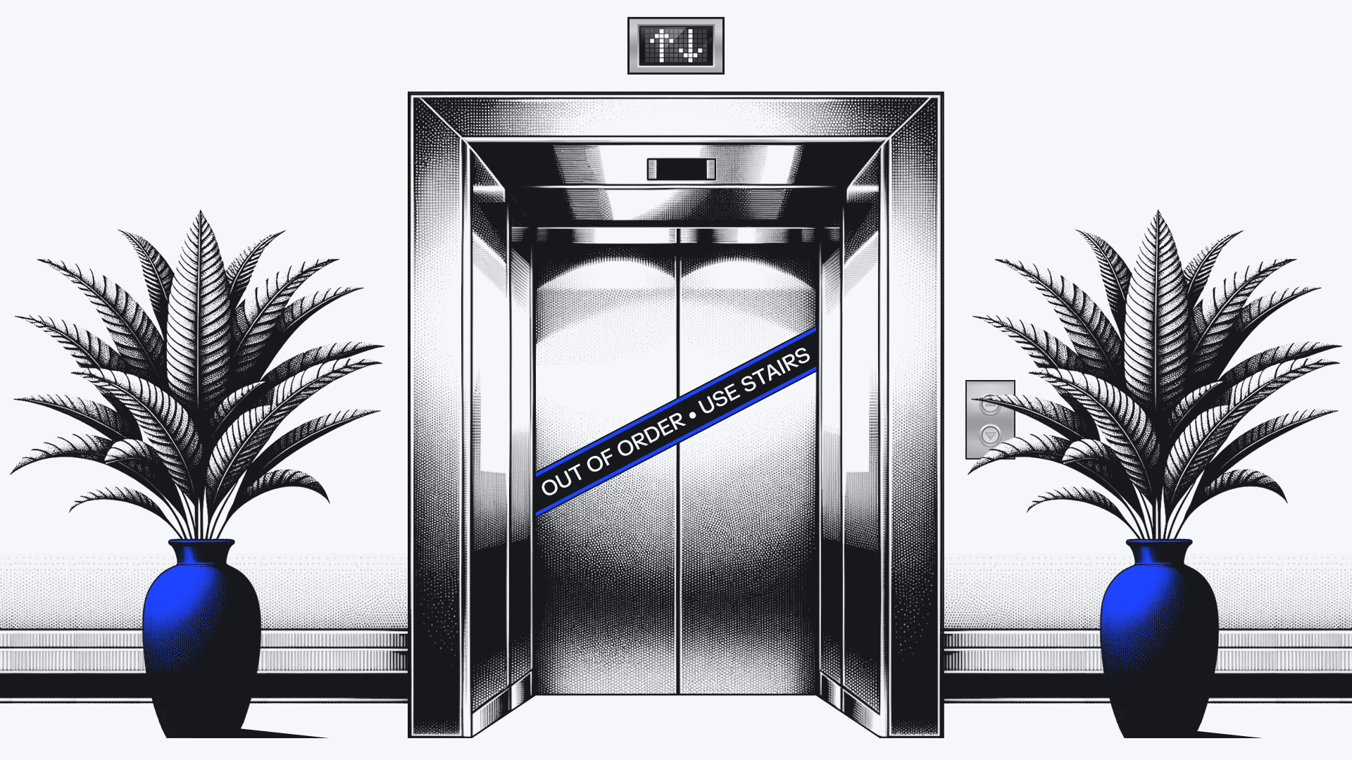 An illustration of an out-of-order elevator with a sign and two plants in blue vases beside it.