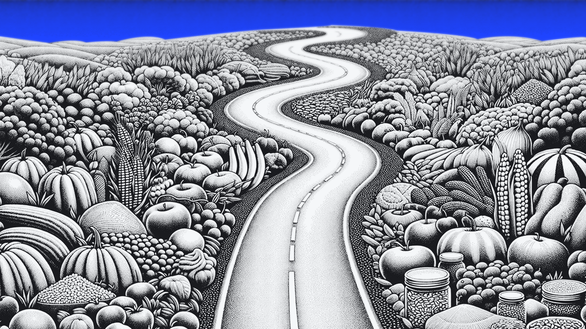 A winding road through a stylized landscape of lush, black and white fruits and vegetables.