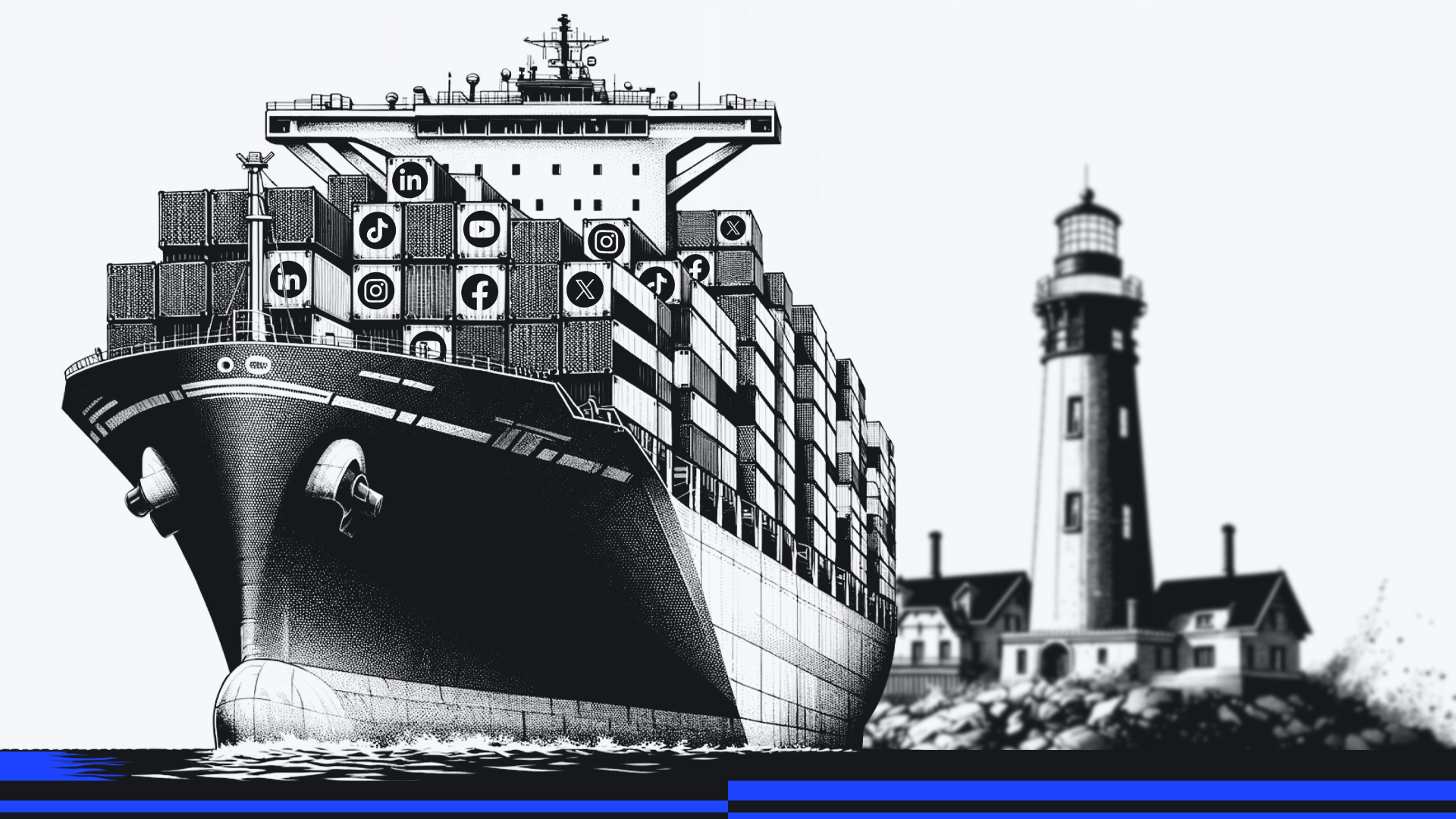 A cargo ship with containers labeled with social media logos near a lighthouse.